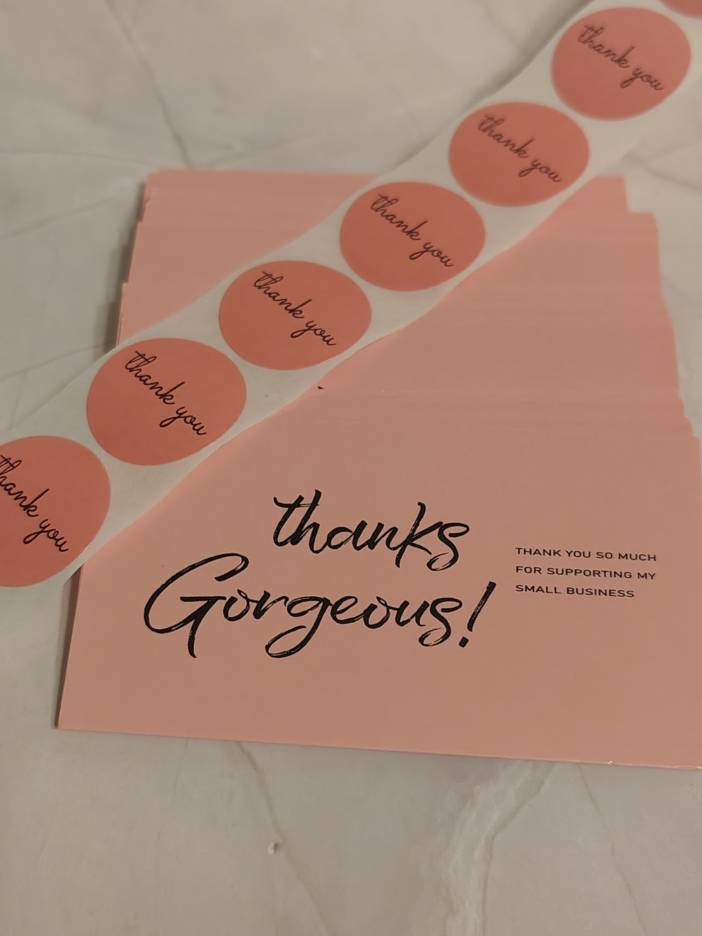50 Pink "Thanks Gorgeous" Thank You Cards with Matching Stickers